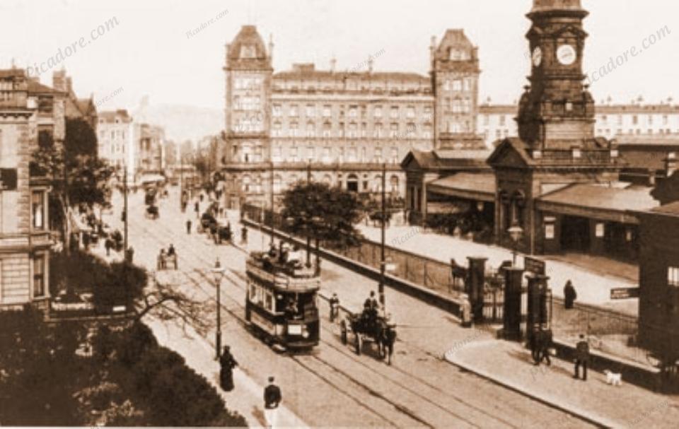 Scarborough Town centre scene with the Station, Pavillion Hotel and trams  Large Version
